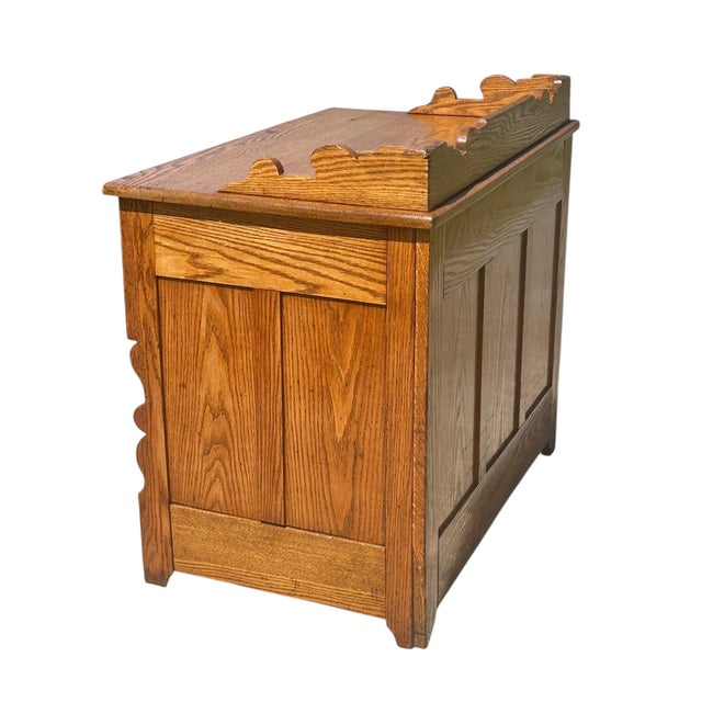 Wood Antique Victorian Tiger Oak Raised Panel Two Drawer Desk With Scrolled Gallery For Sale - Image 7 of 10