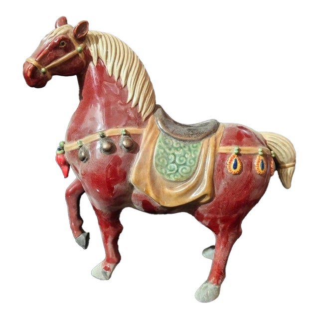1. **Hand-Painted Ceramic Horse Statue, Red Body, Cream Mane & Tail, Saddle & Bell Accents** For Sale