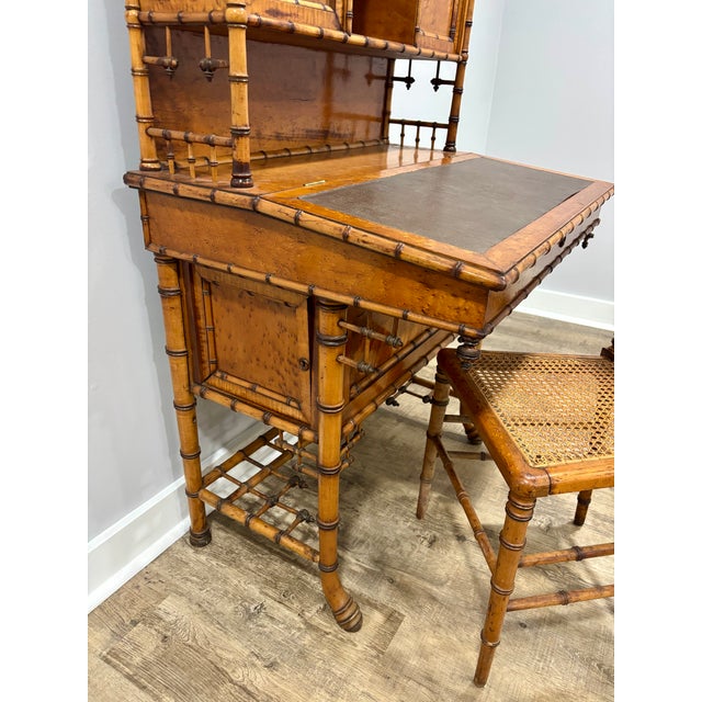 Late 20th Century Aesthetic Movement Faux Bamboo Bird's-Eye Maple Secretary Desk & Original Chair Attributed to r.j. Horner For Sale - Image 15 of 17