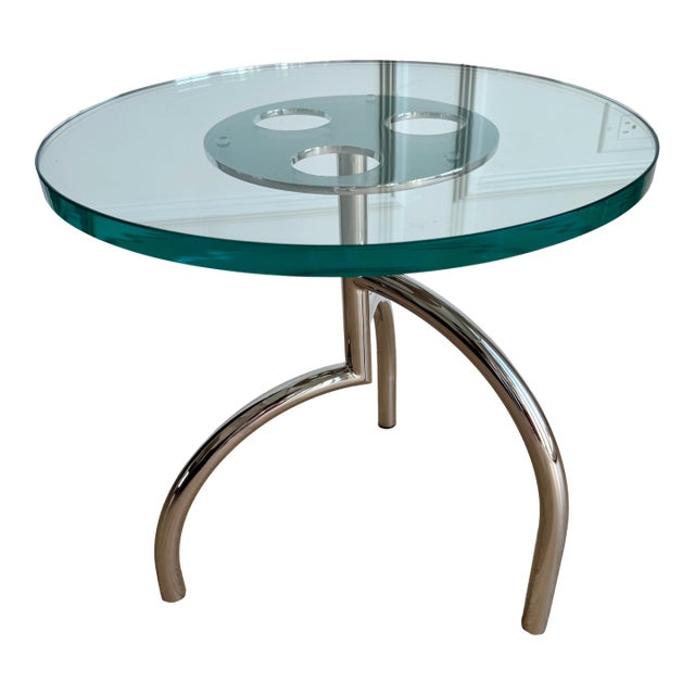 Iconic 1980s Stanley Friedman for Brueton "Spyder" Tripod Martini Table – Polished Stainless Steel For Sale