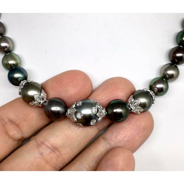 Diamond Tahitian Pearl Necklace 18k Gold 13.25 mm 17" Certified For Sale - Image 4 of 11