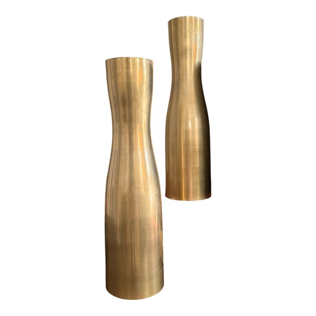 Vintage Solid Brass Modernist Candlestick Holders – 8” Tall, Substantial Weight, Sleek Mid-Century Style (Pair) For Sale