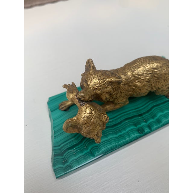 Early 20th Century Antique Gilt Bronze Hunting Fox Statue on Malachite Base, Early 20th Century For Sale - Image 5 of 10