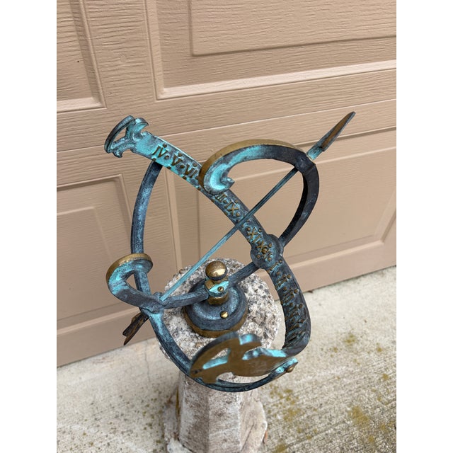 Metal Classical Verdigris Bronze Armillary Sphere on Pedestal – European Garden Accent For Sale - Image 7 of 12