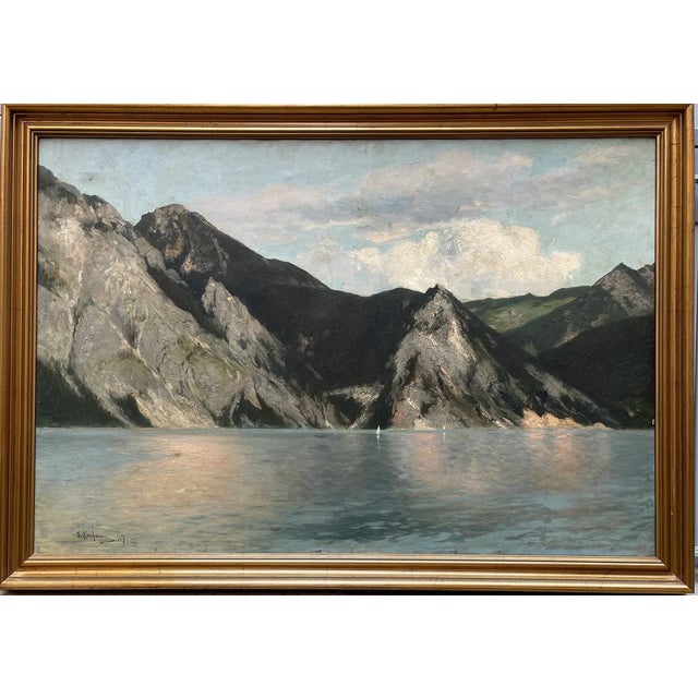 Adolf Kaufmann, Landscape, Mountain Lake, 19th Century, Oil Painting on Canvas For Sale