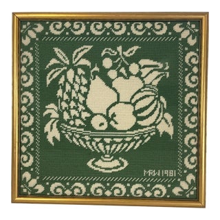 1981 Americana Folk Art Framed Needlepoint Still Life Fruit Bowl, in Green. For Sale