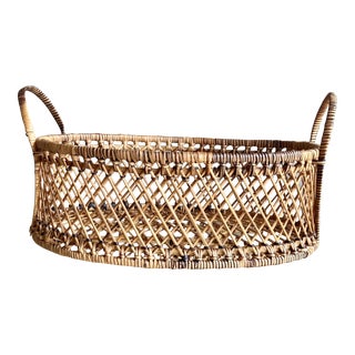 Mid-20th Century Finely Handwoven Thin Pencil Rattan Reed Oval Ear Handle Basket For Sale