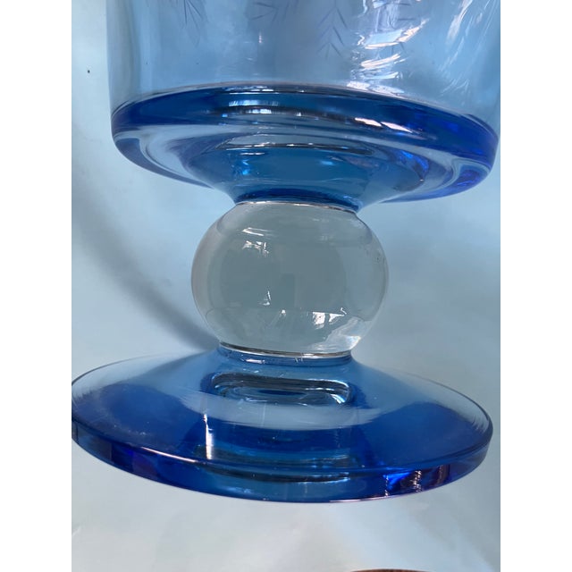 Glass 1930's American Engraved Cut Glass Cornflower Blue Pedestal Floral Vase For Sale - Image 7 of 11