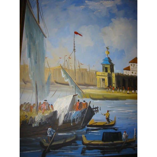 1970s Merchant in Venice Gondola Ride Signed Harris Framed Oil on Canvas For Sale - Image 14 of 18
