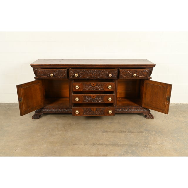 R. J. Horner & Co. R. J. Horner Style Antique Victorian Renaissance Revival Carved Oak Sideboard Credenza or Bar Cabinet, Circa 1890s For Sale - Image 4 of 12