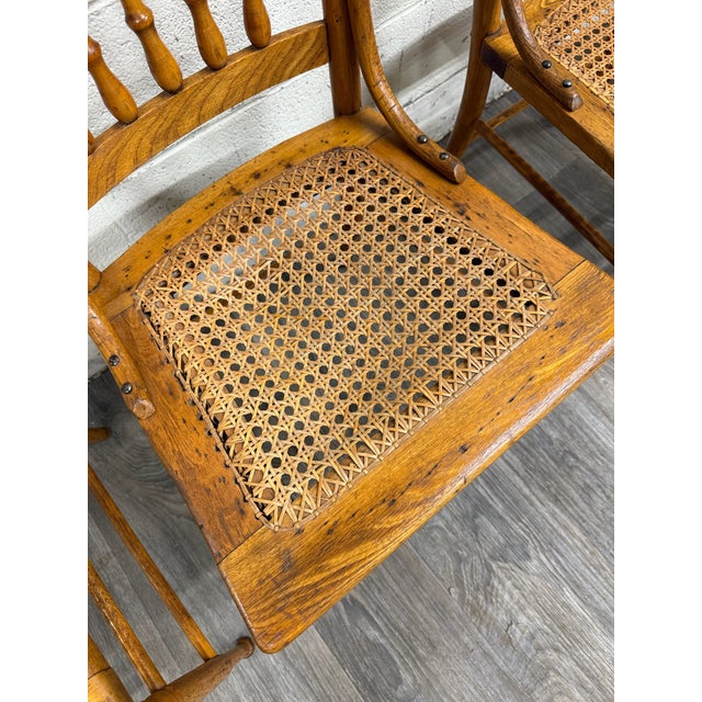 Vintage Spindle Back Caned Seat Solid Oak Dining Chairs For Sale - Image 4 of 12