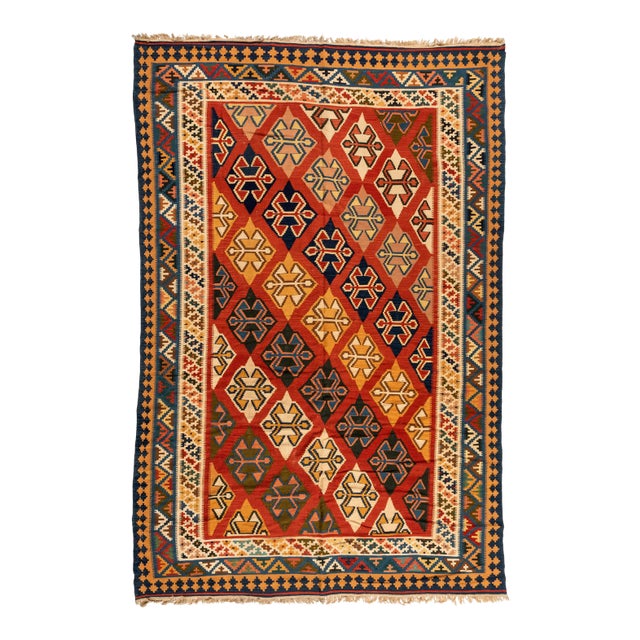 1940s Red Caucasian Kilim Geometric Rug For Sale