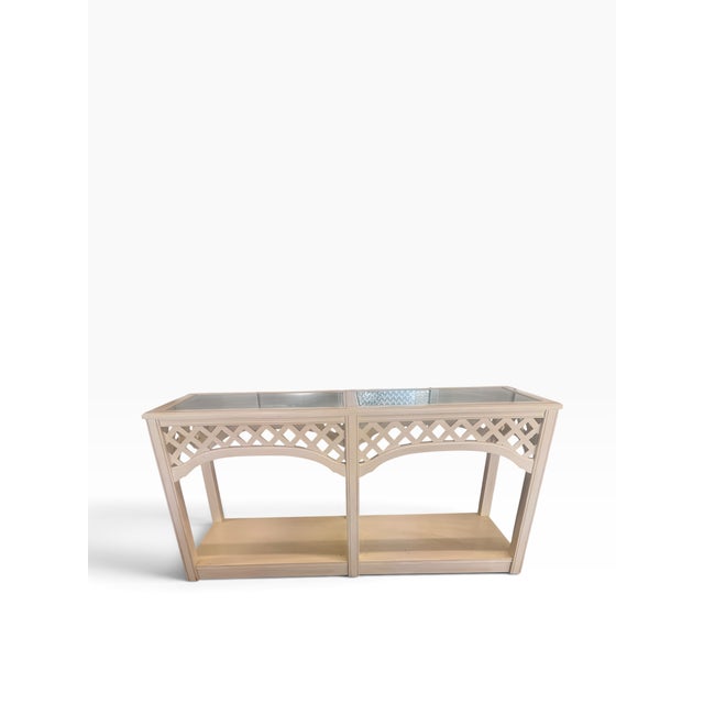 Early 21st Century Vintage Broyhill Palm Beach Lattice Wood & Glass Console Table For Sale - Image 5 of 11