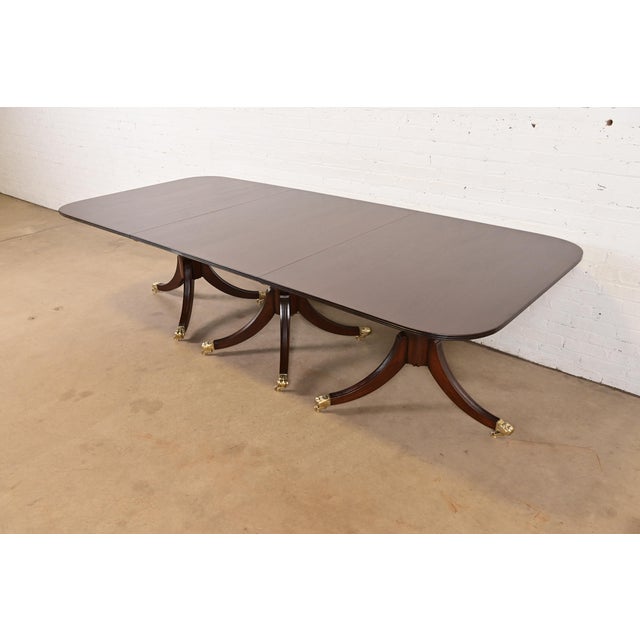 Baker Furniture Style English Georgian Mahogany Triple Pedestal Extension Dining Table, Newly Refinished For Sale - Image 12 of 12