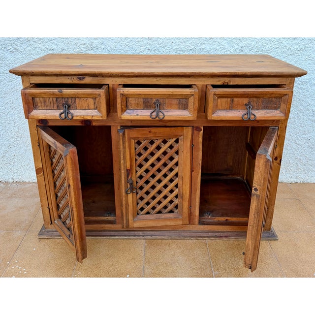 1960s Spanish Rustic Pine Sideboard With Lattice Doors and Iron Hardware For Sale - Image 4 of 10