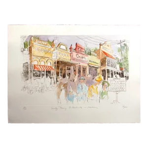 William Papas "Sunday Morning, St. Martinville Louisiana" Hand Colored Etching
