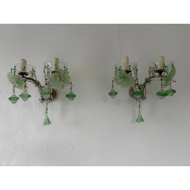 C 1920 Rare Pair Green Murano Flowers Ribbon Crystal Sconces One of Kind For Sale - Image 4 of 12