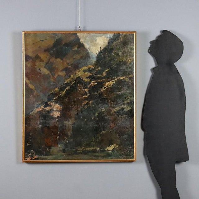 Oil on canvas. Signed lower right. The back features a label from the 1928 Venice Exhibition. A mountain view of the Val...