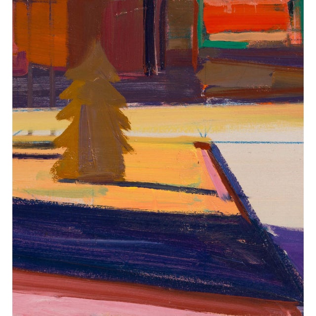 This oil on canvas artwork captures a vibrant winter scene, where abstracted forms of trees and buildings emerge in bold...