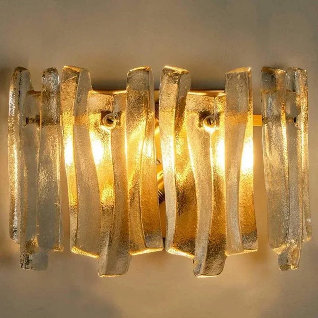 Textured Ice Glass and Brass Wall Light attributed to Kalmar, 1970s For Sale - Image 6 of 13