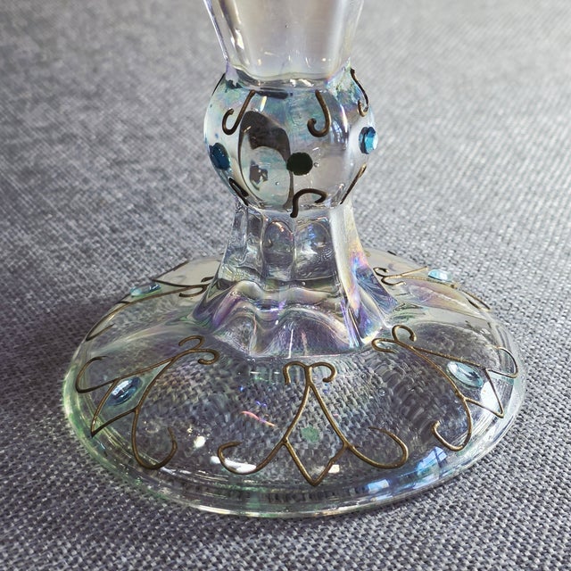 Pair of Antique Bohemian Art Nouveau Iridescent Glass Candlesticks With Gold Enamel Scrollwork For Sale In Orlando - Image 6 of 12