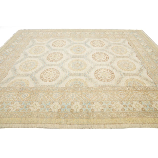 Modern Khotan Beige Wool Rug With Allover Geometric Design For Sale In New York - Image 6 of 10