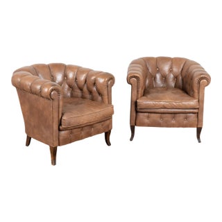 Pair of 20th Century Vintage Brown Leather Danish Club Chairs For Sale