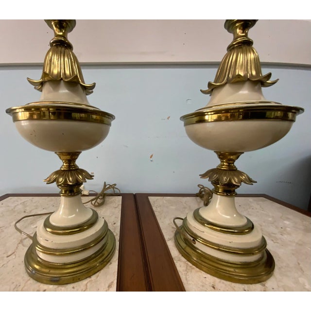 1960s 1960s Stiffel Style Brass and Enamel Torchiere Table Lamps - a Pair For Sale - Image 5 of 10