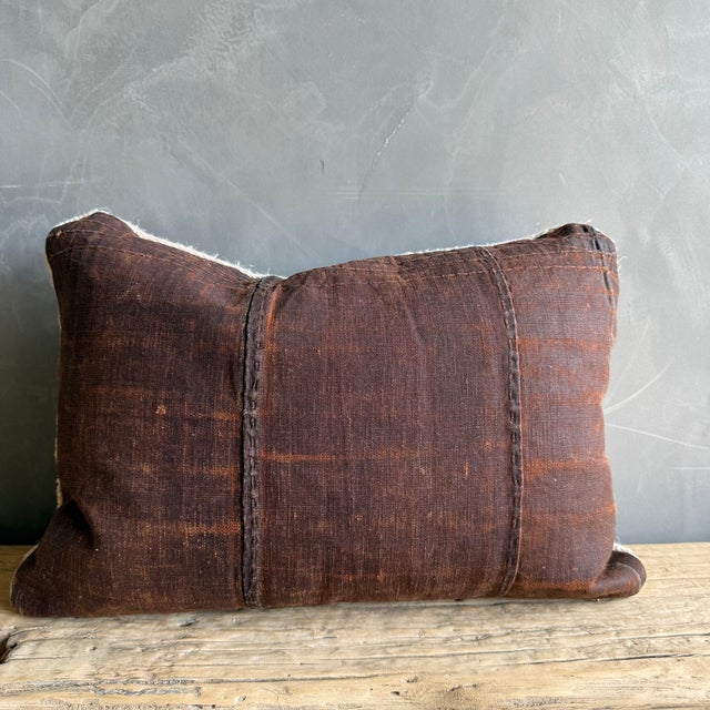 Vintage Grainsack and Japanese Coated Canvas Lumbar Pillow With Down Insert For Sale In Los Angeles - Image 6 of 7