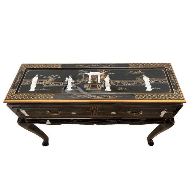 Vintage Sofa Table Console Chinoiserie Mother of Pearl Applique Asian Style For Sale - Image 4 of 11