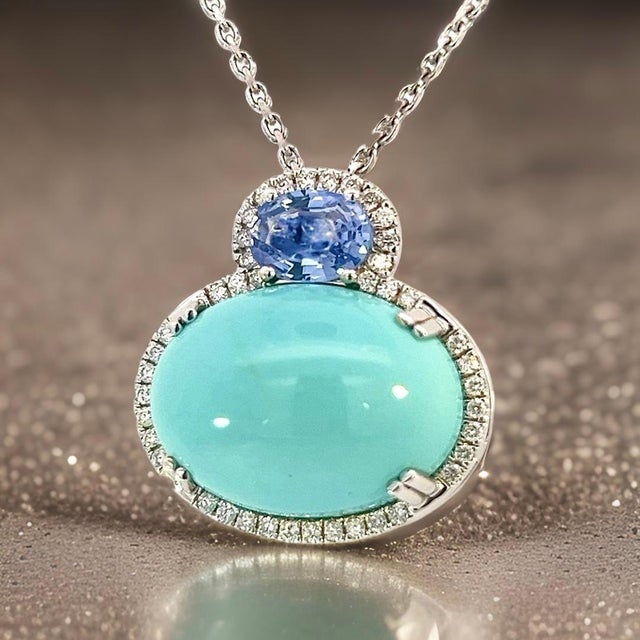 Persian Turquoise Sapphire Diamond Necklace 17" 14k WG 19.03 TCW Certified For Sale - Image 12 of 15