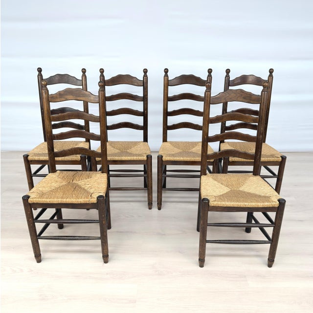 Dimensions: H 42.3” x W 18” x D 16” x SH 19” Set of 6 Vintage French Farmhouse high back dining chairs with carved wood...