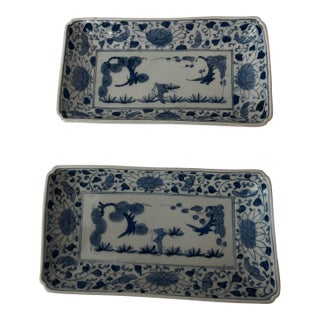 Antique Japanese Rectangular Blue and White Dishes - Set of 2 For Sale
