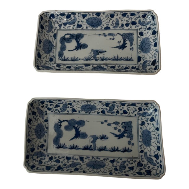 Antique Japanese Rectangular Blue and White Dishes - Set of 2 For Sale