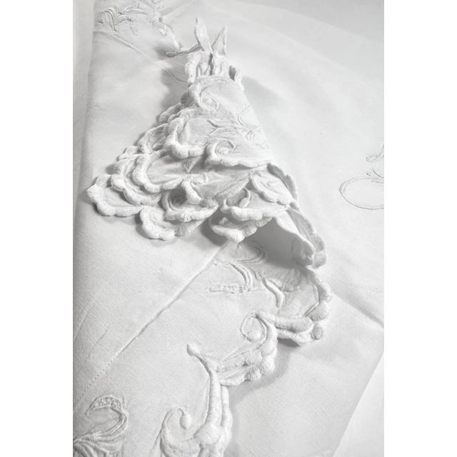 White Fine French Antique Linen Pillowcase, Hand Embroidered MG Monogram & Scalloped Edge, France circa 1900 For Sale - Image 8 of 9
