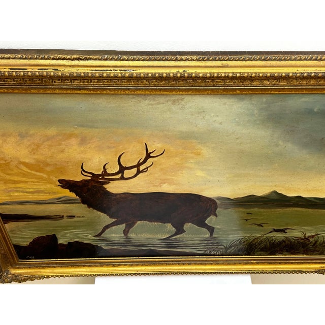 Brown 19th Century Oil Painting Wild Stag Male Deer Scottish Highlands Wading Loch Lomond Dated 1880 For Sale - Image 8 of 12