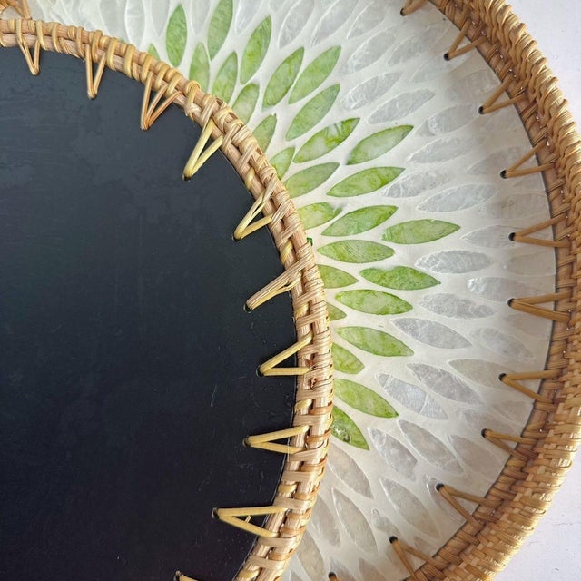 Set of Two Green Mandala Pattern Rattan and Mother-of-Pearl Inlaid Round Trays For Sale - Image 4 of 5