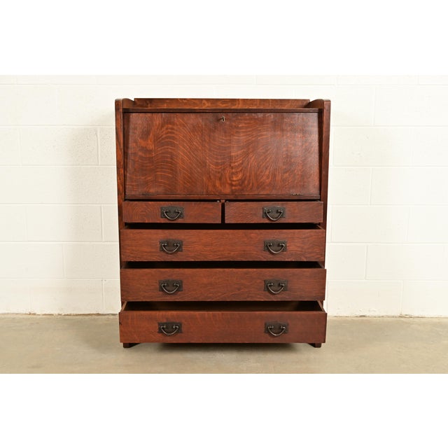 Early 20th Century Gustav Stickley Antique Mission Oak Arts & Crafts Drop Front Secretary Desk, Circa 1910 For Sale - Image 5 of 17