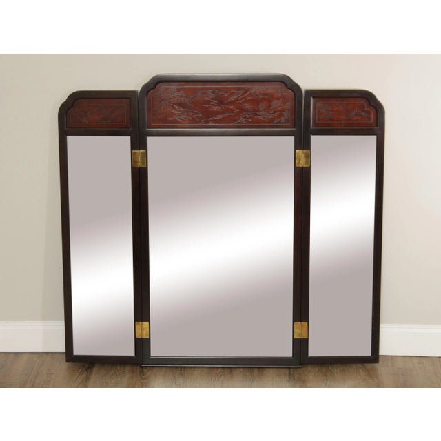 High Quality American Made Tri-Fold Beveled Vanity Mirror With Scenic Asian Carvings From The Connoisseur Line.