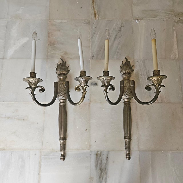 Neoclassical Large Neoclassical Regency Bronze Flame Motif Wall Sconces - a Pair For Sale - Image 3 of 11