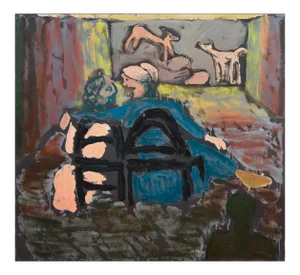 Jane Voitle Mellin "Conversation in the Theater" Figurative Oil on Canvas 1975