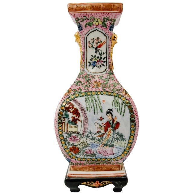 1970s Vintage Chinese Famille Rose Petite Square Baluster Vases With Removable Stands - Pair For Sale - Image 5 of 18