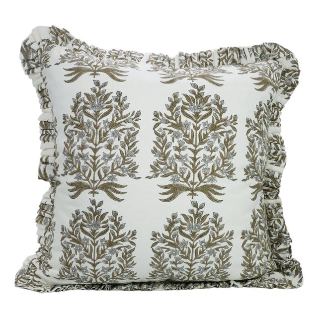 Fabdivine Elegant Block Printed Frill Cushion Cover 14x36 Inch Thick Cotton White- Vrindavan For Sale
