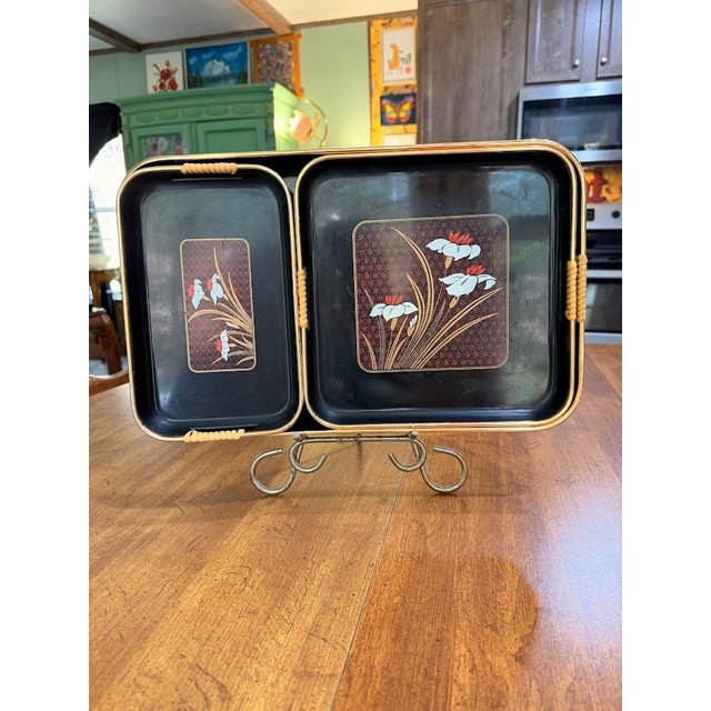 VTG Japanese Lacquer Nesting Trays Set 3 Black Gold Floral Bamboo Acrylic MCM 70 For Sale - Image 16 of 18
