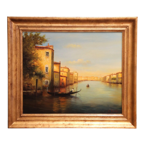 Mid 20th Century Mid-Century Venetian Canal Oil Painting in Gilt Frame Signed Georges Quintaine
