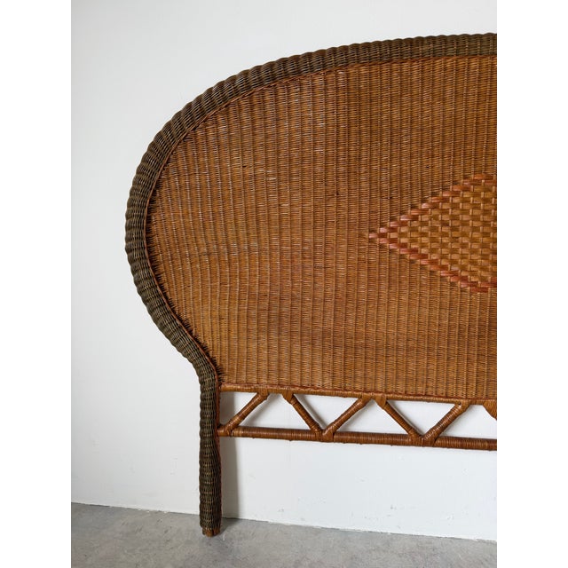 Vintage Coastal Boho-Chic Arched Rattan & Wicker Queen Size Headboard With Woven Diamond Accent For Sale - Image 9 of 13