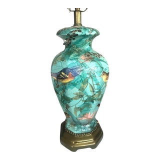 Chinoiserie Bird & Botanical Decoupage Teal Table Lamp 21 Inches For Sale