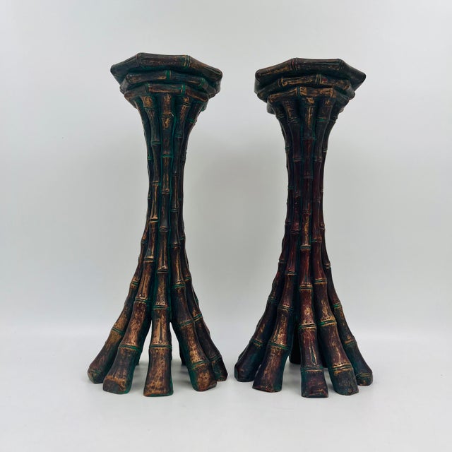 Bronze Vintage Faux Bamboo Bronze Metal Pillar Candleholders 12"h - A Pair For Sale - Image 8 of 16