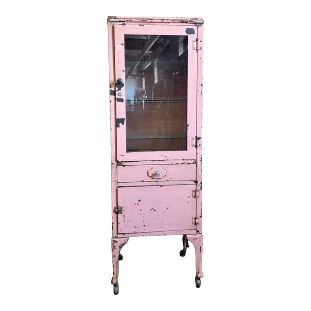Vintage Pastel Pink Industrial Medical Rolling Cabinet For Sale