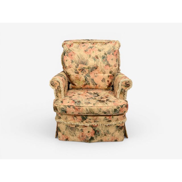 Traditional, Rolled Arm Lounge Chair, Scalamandre Floral Fabric, Wood, USA, 1980s The generously plush down-filled...